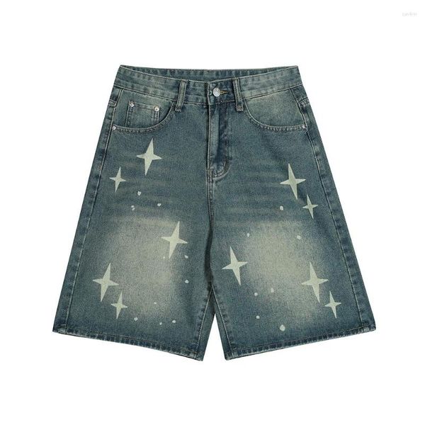 Shorts Masculino Estampa Estrela Cruzada Jeans Masculino Marca de Moda Solto Casual Lavado Branco Calças Masculinas Jeans de Perna Larga