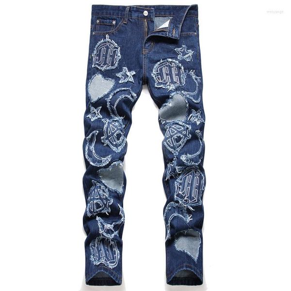 Jeans Masculino Outono Azul Clássico Cintura Média Magro Bordado Calça Lápis Denim Hip Hop Rasgado Roupas da Moda
