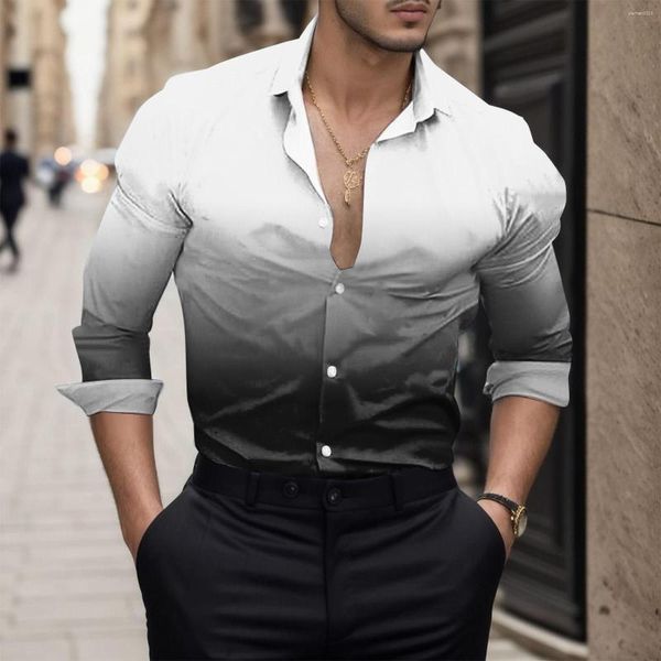 Camisas casuais masculinas Camisa Havaiana Cor Gradiente 3D Impresso Preto Branco Estilo Blusa de Manga Longa Vestido de Negócios Tops Tee Homme Ao Ar Livre