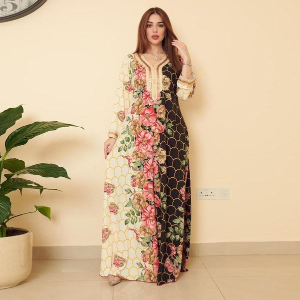 Roupa étnica Muçulmana Estampado Vintage Estilo Abaya Floral Renda Decote em V Manga Comprida Vestido Solto Feminino Robe Casual Oriente Médio
