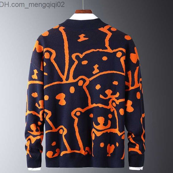 Camisolas masculinas outono casual suéter padrão urso polar elegante suéter ultrafino algodão mangas compridas gola redonda zíper quente masculino laranja Z230712