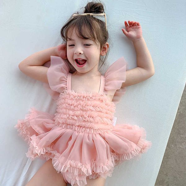 Mädchen Kleider Mode Fly SleeveTutu Dres mit Kappe Kinder Tüll Kleid Baby Mädchen Nette Bademode Kleidung 2023 Neue Ankunft badeanzüge Strand DresHKD230712