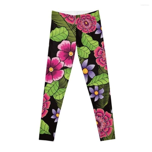 Pantaloni attivi che fioriscono in leggings neri rosa Vita alta Abbigliamento donna Fitness Leggings femminili