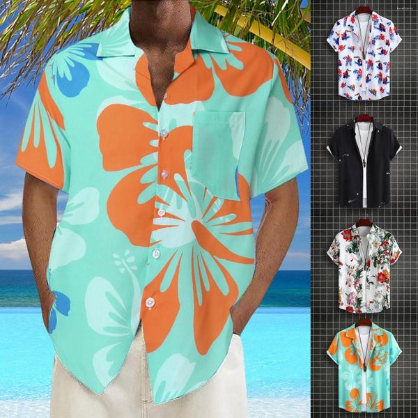 Camisetas masculinas Camisa masculina da moda verão cardigã fino manga curta lapela macacão cinco quartos gola virada para baixo