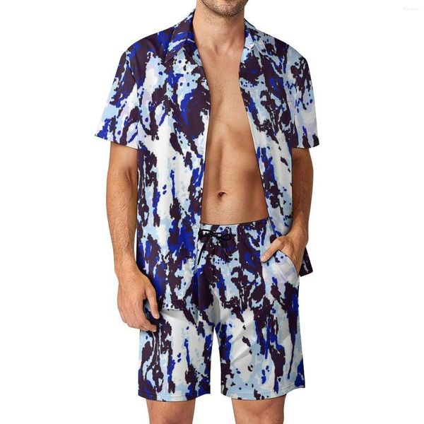 Tute da uomo Tie Dye Pattern Set da uomo Camicia casual mimetica blu Set Pantaloncini da vacanza vintage Tuta grafica estiva Abbigliamento in due pezzi