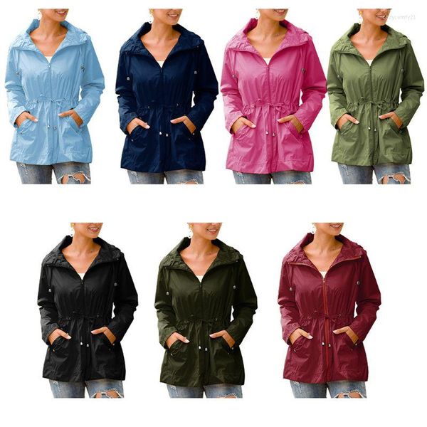 Jaquetas femininas plus size outono jaqueta com capuz à prova d'água manga longa com cordão e zíper casaco de chuva casual ao ar livre blusão S-3XL