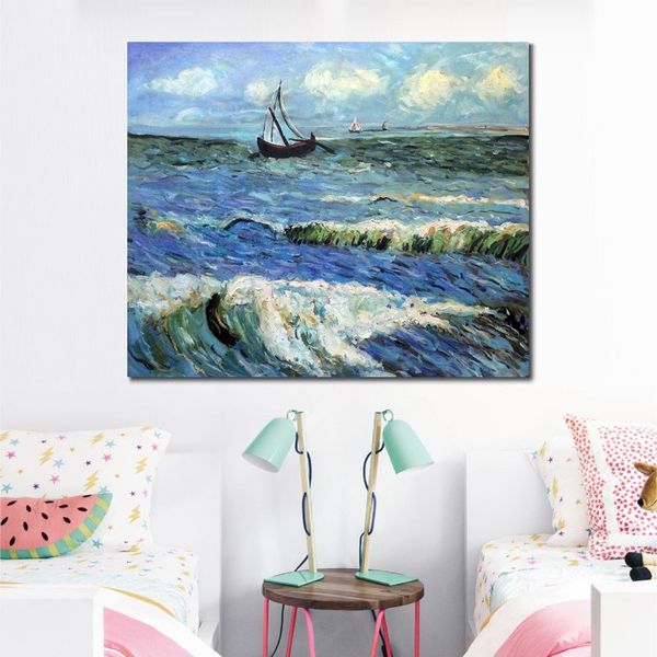 Pintura a óleo feita à mão de Vincent Van Gogh Vista do mar em Saintes Maries Moderna arte em tela Paisagem moderna decoração de sala de estar