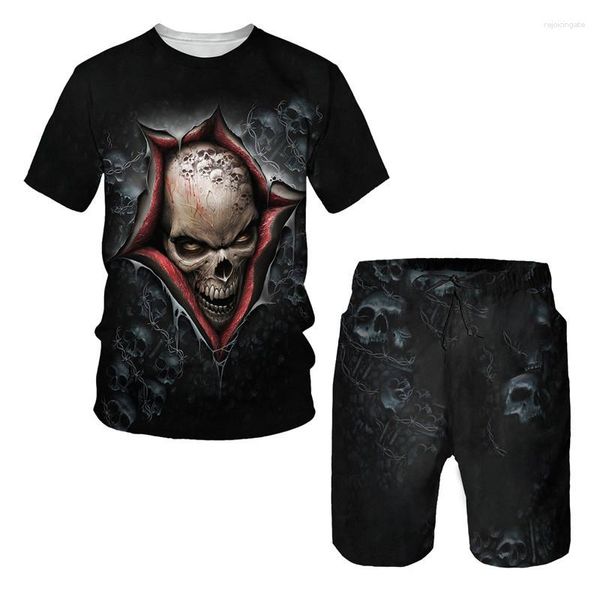 Agasalhos masculinos verão gótico caveira impressão 3D t-shirt/terno cool streetwear manga curta agasalho personalidade tops shorts conjunto de duas peças