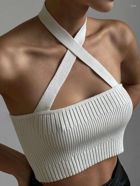 Serbatoi da donna SEASONS Criss Cross Halter Neck Crop Top Nero Bianco Canotte senza schienale lavorato a maglia a costine Abiti sexy per le donne Estate ASVE86185