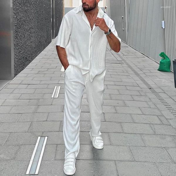 Tute da uomo 2023 Estate Uomo Semplice Solido Set in due pezzi Camicia con bottoni sul risvolto Pantaloni lunghi Abito casual Ufficio Manica corta Abiti larghi