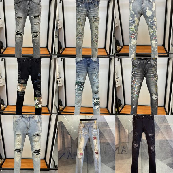 moda Mens jeans di lusso Designer Denim Jeans distruggono Holes Jean 21 stili doodle applique pantaloni skinny Uomo moto equitazione pantaloni denim slim Hip hop street
