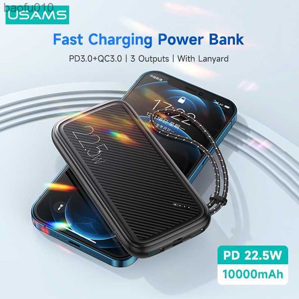 USAMS 22,5 W Schnelle Power Bank 10000 mAh PD QC3.0 FCP AFC Powerbank Mit Lanyard Externe Batterie Für iPhone Huawei Xiaomi Samsung L230712