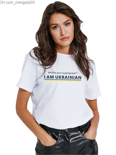 Damen T-Shirt Was ist deine Superkraft? Ich bin ein ukrainisches Damen-Sommer-Boutique-T-Shirt mit geraden Ärmeln, patriotisches, lässig bedrucktes Baumwoll-T-Shirt Z230713