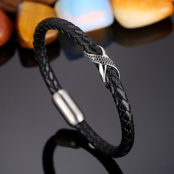 Link Armbänder HaoYi Mode Echtes Leder Unendlichkeit Armband Für Männer Gold Silber Farbe Schwarz Edelstahl Punk Manschette Schmuck