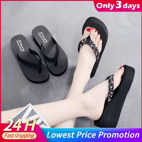 Hausschuhe Sommer Damen Blumendruck Flip-Flops Outdoor Strandschuhe Plattform Bohemian Wedge Flip Flops Dicker Boden Sandalen