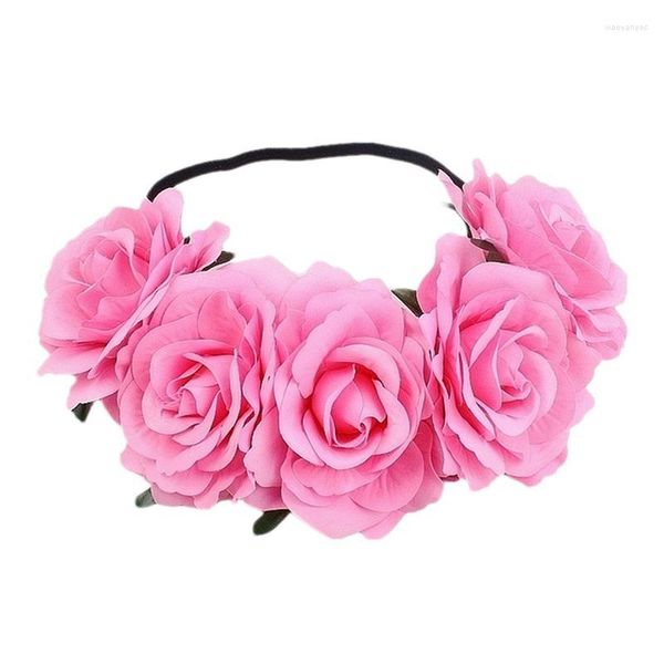 Flores decorativas Boho Rose Tiara Coroa Coroa de cabelo Guirlanda floral com fita ajustável