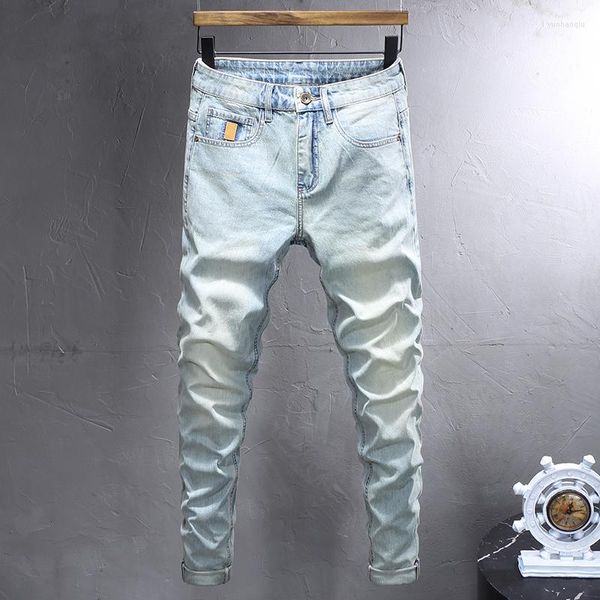 Jeans da uomo Ly Designer Fashion Men Retro Light Blue Elastic Stretch Slim Fit Strappato Vintage Pantaloni in denim casual Hombre