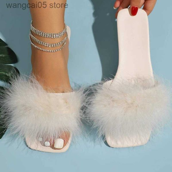 Chinelos 2023 Fashion Fur Design Women Chinelos Summer New Outdoor Open Toe Sandálias de Cor Sólida Plus Size Lazer Flat Slides Woman Shoes T230712