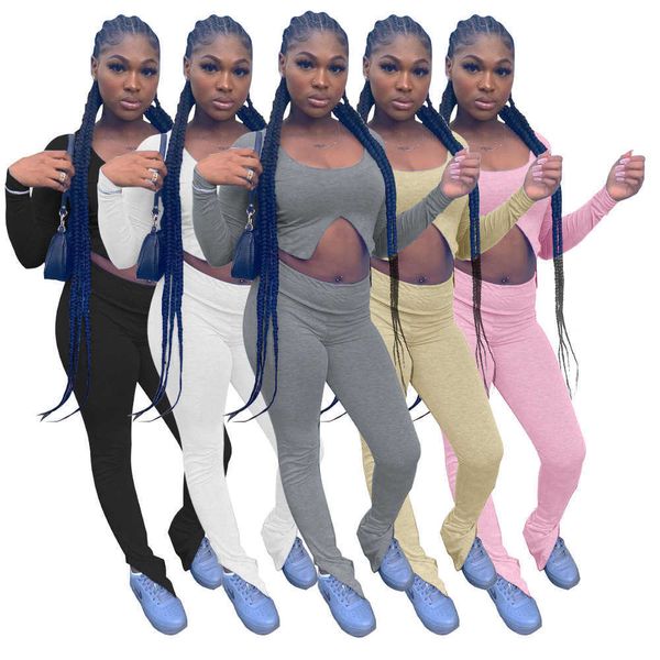 Tute da donna Due pezzi Set Designer 2023 Nuovo tinta unita Top manica lunga Pantaloni spaccati Imitazione cotone Sportwear 5 colori S-XXL