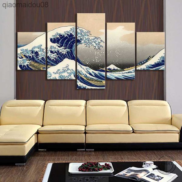 5 peças The Great Wave Off Kanagawa Japanese Ukiyo-e Artwork Pintura a óleo sobre tela Wall Art Home Decor L230704