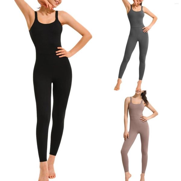 Calça feminina de duas peças, cor sólida, yoga, moda e lazer, alta elasticidade, sem mangas, decote em O, cintura acolchoada, macacão longo suspensório