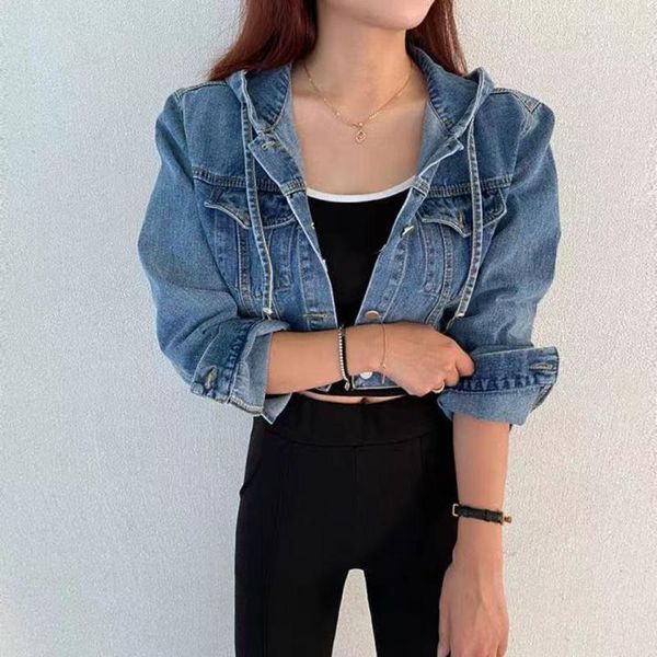 Jaquetas femininas elegantes azuis com capuz jaqueta jeans feminina com um único abotoamento casaco curto Harajuku tops jeans