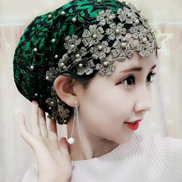 Этническая одежда бусинка Женская кружевная турбана вышивка мусульманские женщины летние шляпы Исламский головной убор. Капот готов к ношению головных оберточных
