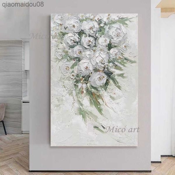 Dipinto a mano Artista da parete di grandi dimensioni Decorazione per la casa Fiore bianco come la neve Albero Coltello spesso Pittura a olio Tela senza cornice L230704