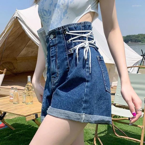 Damen Shorts Gidyq Sommer Frauen Denim Korean Fashion Lace Up Breites Bein Lässige Streetwear Weibliche Hohe Taille Jeans