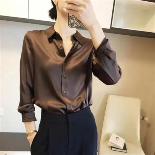 Frauen Blusen Koreanische Mode Einfarbig Satin Imitation Seide Hemd Langarm Hohe Qualität Büro Top Frauen Bluse