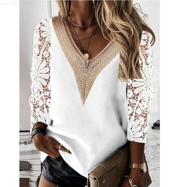 Blusas Femininas Camisas Vintage Primavera Verão Branco Preto Tops Mujer Casual Lace Patchwork Blusas Femininas Chic Lazer Blusa Manga Comprida Decote em V Túnicas L230712