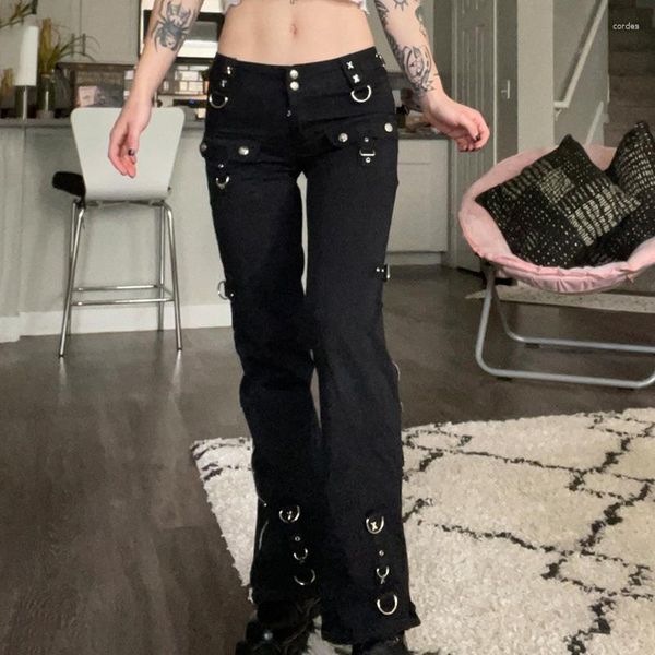 Женские джинсы уличная одежда винтажная одежда Y2K с низкой талией молнии черная готика темная мода Женщины панк брюки эмо -хараджуку е девушки