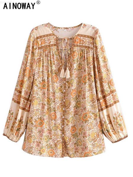 Damesblouses Overhemden Zomer Mode Dames Bloemenprint V-hals Kwastje Boho-blouse Cover-ups Damesknoop Rayon Katoenen overhemden Bohemian Blusas L230712