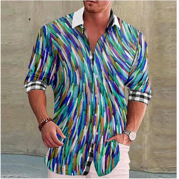 Мужские платья рубашки красочные линии печать манжеты клетку на улице улица с длинным рукавом одежда модная уличная одежда дизайнер рассталки
