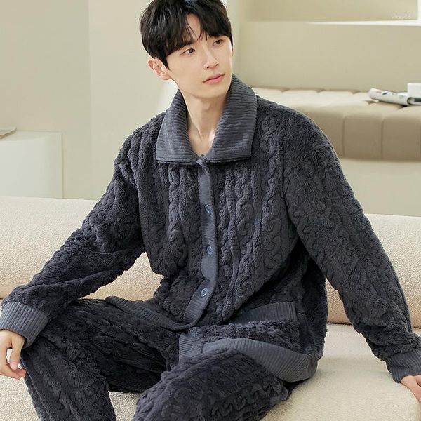 Pijamas masculinos outono inverno conjuntos de pijamas masculinos engrossam pijamas quentes de lã coral duas peças roupas para casa masculino solto para casa pijama terno