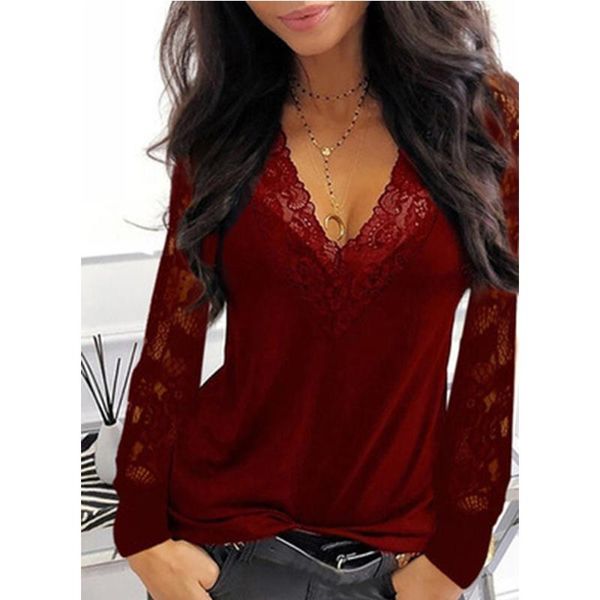 Vestito casual vneck in pizzo maglietta a maniche lunghe per donne abiti primaverili invernali sexy color toppy top con camicia nera