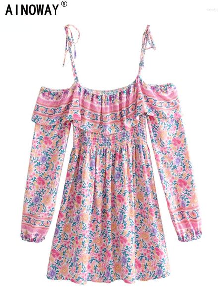 Vestidos Casuais Estampa Floral Rosa Vintage Chique Feminino Sem Mangas Praia Boêmio Feliz Feminino Elástico Sem Alças Rayon Vestido Boho Vestidos