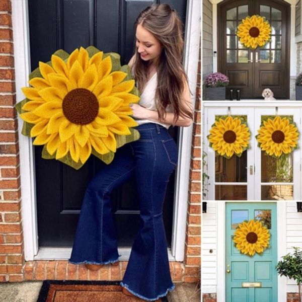 Fiori decorativi Corona di girasole artificiale Porta d'ingresso Margherita gialla Decorazioni autunnali a forma di cuore per portico esterno