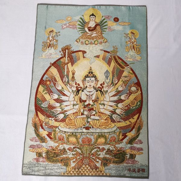 Banner-Flaggen, 91,4 cm, Tibet, tibetisch, besticktes Tuch, Seide, Buddhismus, 1000 Arme, Kwan-Yin, Tangka, Malerei, Wandgemälde, Meditation, Wandbehang, Heimdekoration, 230712