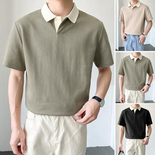 Camisetas masculinas Camisa de verão com gola dobrável, cor sólida, solta, estilo coreano, manga curta, calça combinando, roupas masculinas casuais macias