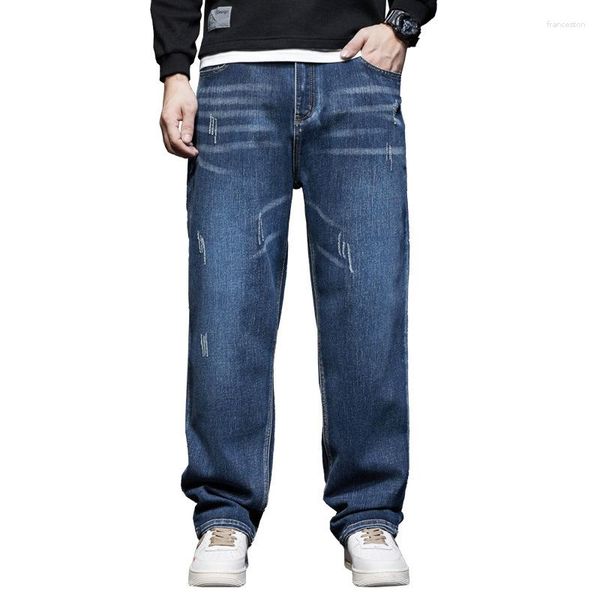 Erkek kot pantolon artı 42 mavi düz gevşek kargo denim pantolon sonbahar gündelik giyim haroun pantolon erkek dipler