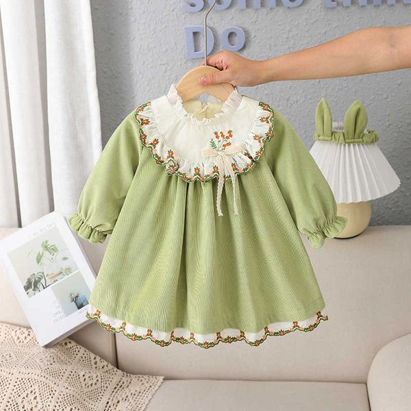 Abiti da ragazza Bambini Toddler Verde Girocollo Abito da ragazza Vestiti Vintage Manica a lanterna Inverno Caldo Abiti per bambini con velluto per 0-4YHKD230712