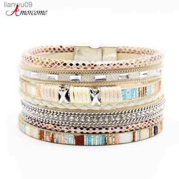 Amorcome Boho Braccialetti avvolgenti per donna Corda in pelle intrecciata Fatti a mano Multistrato Bracciale rigido Gioielli Regali Femme all'ingrosso L230704