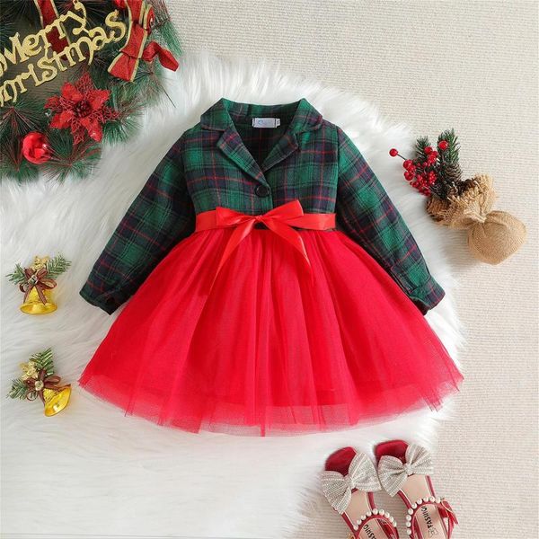 Abiti da ragazza Neonate Abito da festa Abito per bambini Bambino Autunno Inverno Manica lunga Scozzese Stampe Bowknot Tulle Natale Abbigliamento per bambini