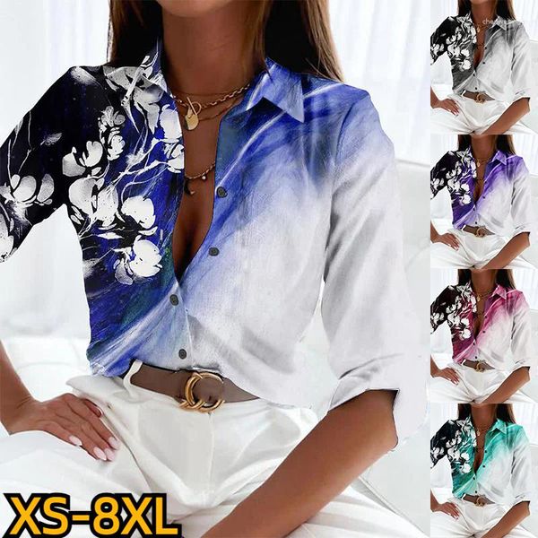 Blusas femininas 2023 Office Lady Camisas com botão de abertura de gola e estampado Primavera Verão Moda Feminina Camisa Slim Seios Simples XS-8XL