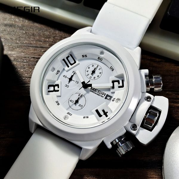 Relógios esportivos militares MEGIR masculino branco com pulseira de silicone cronógrafo relógio de pulso de quartzo com data automática à prova d'água mostrador grande 2002