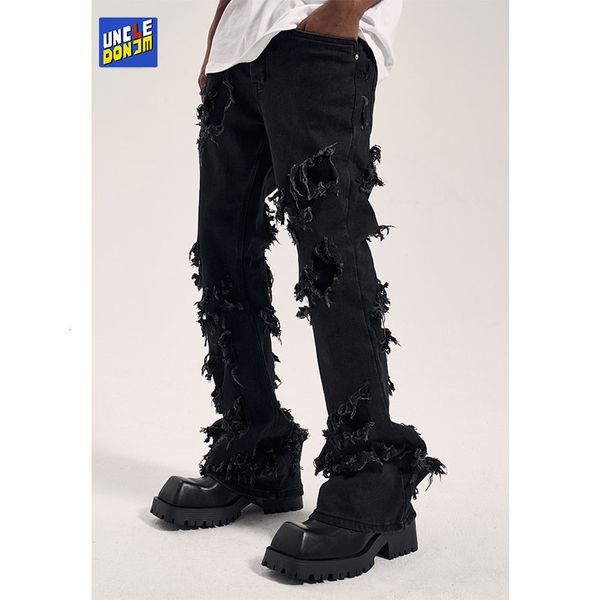 Jeans masculino Damage y2k jeans preto rasgado gothic flare calças skinny men street wear cargo Destroy clothes 230711