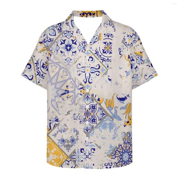 Camisas Casuais Masculinas Padrão Tribal Árabe Estampas de Tatuagem Vintage Camisa Havaiana Masculina Praia Masculina Aloha Manga Curta Camisa Hawaiana Hombre