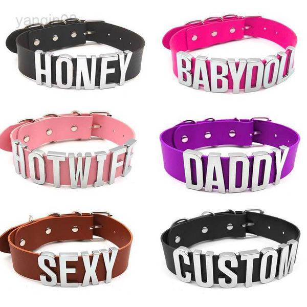 Anhänger Halsketten Luxus Strass Brief Große Worte HOTWIFE Halskette Für Frauen Männer Mode Schwarz PU Leder Breite Choker Kragen Benutzerdefinierte name DIY HKD230712