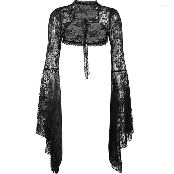 Giacche da donna Giacca vintage Womens Shrugs Flare Manica lunga Mesh Black Cropped Gothic Punk Streetwear Party Lace Bolero Cardigan Top